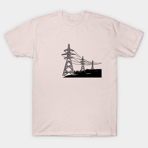 Electricity Pylons Linocut Silhouette on Pink T-Shirt by Maddybennettart